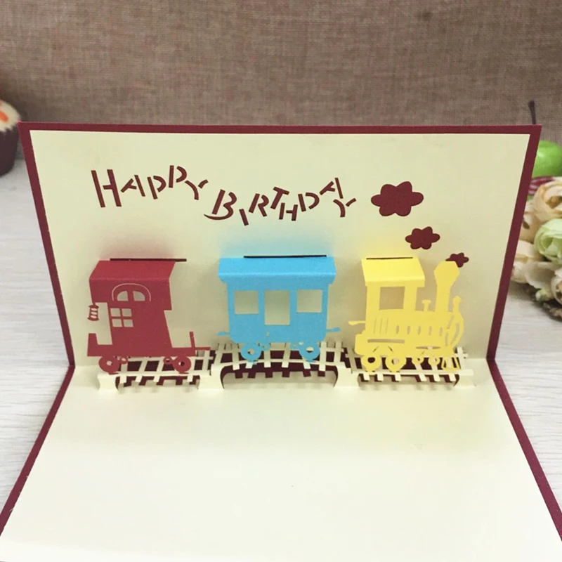 1gb lāzergriešanas Laimīgs Vilcienu Papīra 3D Pop Up Apsveikuma Kartes, Pastkartes Ielūgumu Kartes Happy Birthday Pateicības Diena Dāvanas, Piederumi Attēls 1