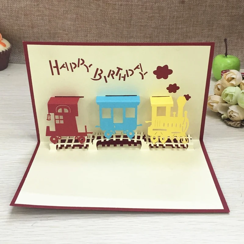 1gb lāzergriešanas Laimīgs Vilcienu Papīra 3D Pop Up Apsveikuma Kartes, Pastkartes Ielūgumu Kartes Happy Birthday Pateicības Diena Dāvanas, Piederumi Attēls 2