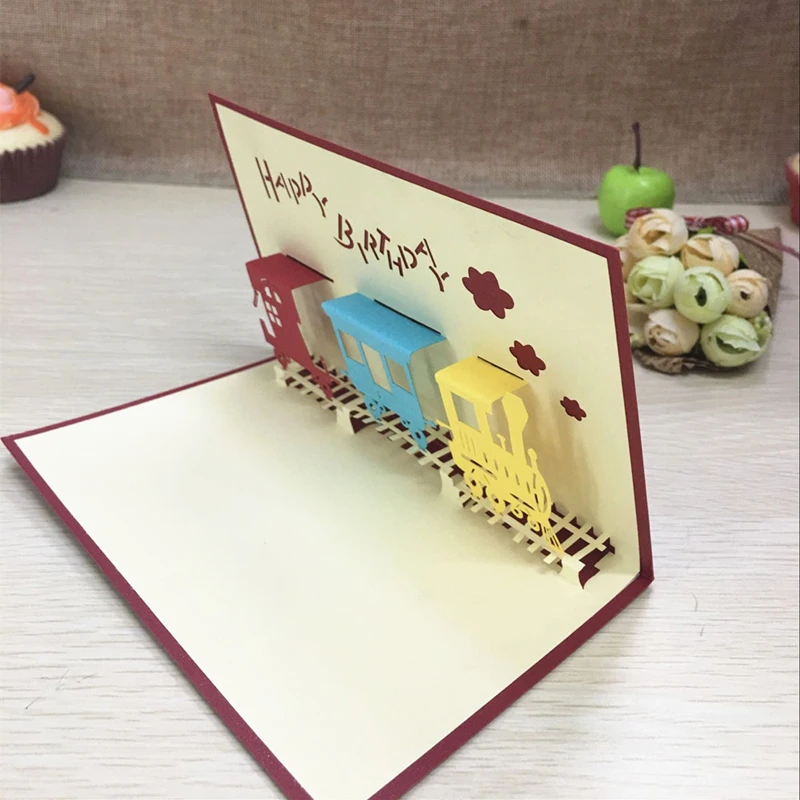 1gb lāzergriešanas Laimīgs Vilcienu Papīra 3D Pop Up Apsveikuma Kartes, Pastkartes Ielūgumu Kartes Happy Birthday Pateicības Diena Dāvanas, Piederumi Attēls 3