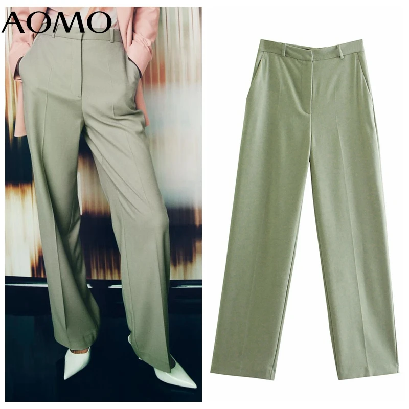 AOMO 2022 Modes Sieviešu Zaļo Uzvalku Bikses Bikses Kabatas Birojs Dāma Elegantas Bikses Pantalon 3L25A Attēls 5