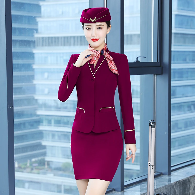 IZICFLY Pavasara Rudens Violeta Žakete Komplekts ar Svārkiem Biroja Tērpi Sievietēm Aviokompānijas Stjuarte Vienotu Darba Apģērbs Elegants Gabals 2 Attēls 0