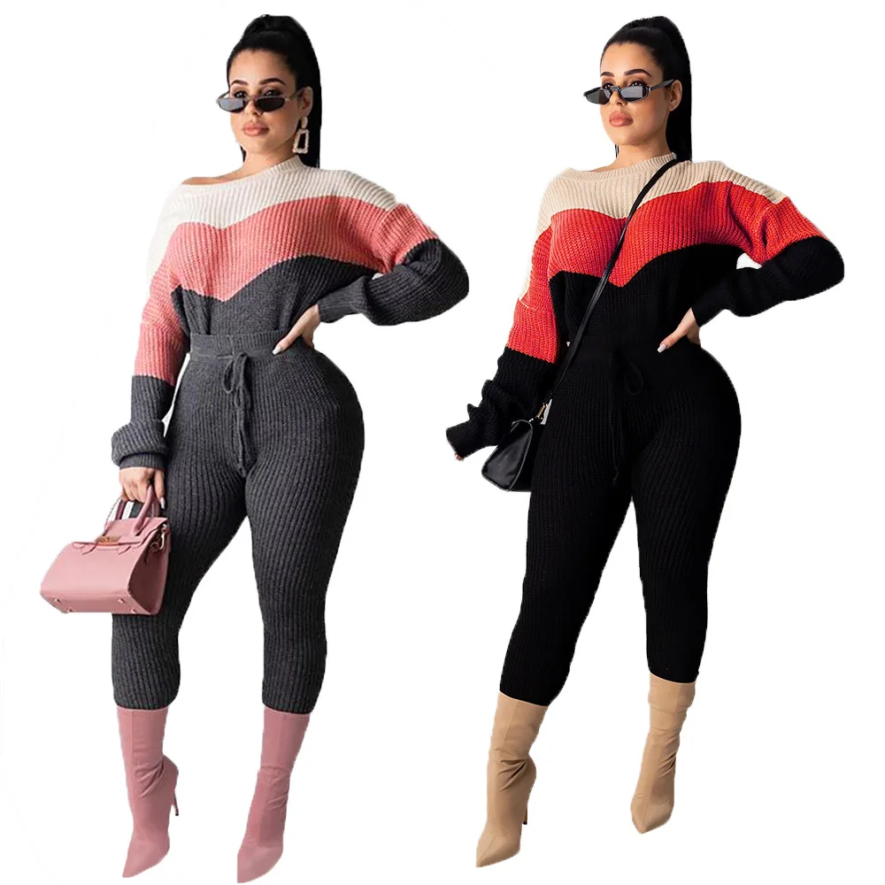 Krāsu Kontrasts Mežģīnes Augšu Džemperi, Kostīms Apaļu Kakla Džemperis Sievietēm jaungada Džemperis Trikotāžas Apģērbu Modes Lielgabarīta Pulovers Attēls 3
