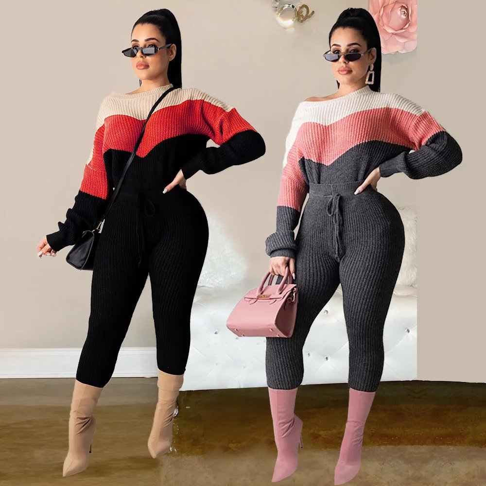 Krāsu Kontrasts Mežģīnes Augšu Džemperi, Kostīms Apaļu Kakla Džemperis Sievietēm jaungada Džemperis Trikotāžas Apģērbu Modes Lielgabarīta Pulovers Attēls 5