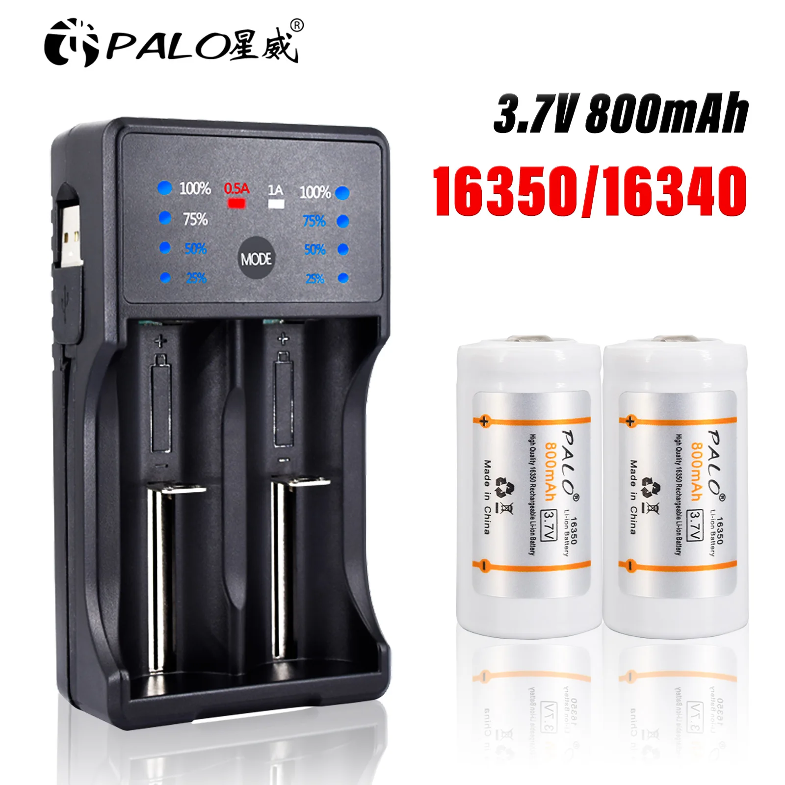 PALO 16340 Akumulators 800mAh 3,7 V Uzlādējams Litija Li-ion Akumulators 16340/16350 batteria baterijas ar lādētāju priekš aa 16340 Attēls 0