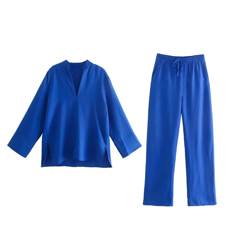 Sieviešu Kostīmi 2-gabals Uzvalks Ir 2021. Jauno Rudens Modes Vienkāršs Brīvs Zilā krāsā V-veida kakla Sievietes Tērps Gadījuma Iela Jauniešu Modes Tērps sievietēm Attēls 0