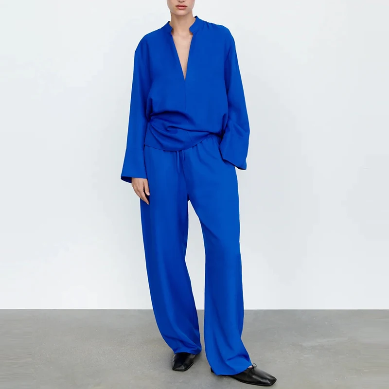 Sieviešu Kostīmi 2-gabals Uzvalks Ir 2021. Jauno Rudens Modes Vienkāršs Brīvs Zilā krāsā V-veida kakla Sievietes Tērps Gadījuma Iela Jauniešu Modes Tērps sievietēm Attēls 1