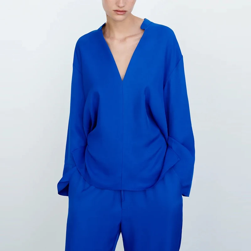 Sieviešu Kostīmi 2-gabals Uzvalks Ir 2021. Jauno Rudens Modes Vienkāršs Brīvs Zilā krāsā V-veida kakla Sievietes Tērps Gadījuma Iela Jauniešu Modes Tērps sievietēm Attēls 2