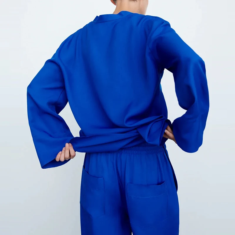 Sieviešu Kostīmi 2-gabals Uzvalks Ir 2021. Jauno Rudens Modes Vienkāršs Brīvs Zilā krāsā V-veida kakla Sievietes Tērps Gadījuma Iela Jauniešu Modes Tērps sievietēm Attēls 3