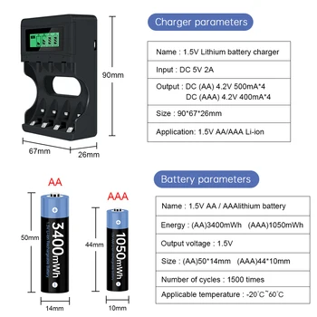 1,5 v AAA Uzlādējamās Baterijas AAA 1,5 v Li-jonu Uzlādējamas Litija Batteries1050mWh+1,5 v AA Litija Akumulators 3400mWh