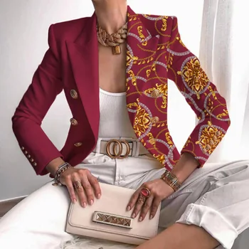 Ir 2021. Sieviešu Modes Rudenī Īss Tērps Biroja Dāma Elegants Asimetrijas Drukāt Mētelis Gadījuma Atloks ar garām Piedurknēm Casual Slim Jaka
