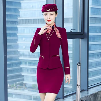 IZICFLY Pavasara Rudens Violeta Žakete Komplekts ar Svārkiem Biroja Tērpi Sievietēm Aviokompānijas Stjuarte Vienotu Darba Apģērbs Elegants Gabals 2