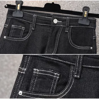 Korejas Pogas Raibs Stiept Taisni Džinsi Vintage Black Augsta Vidukļa Baggy Bikses Streetwear Draugs Cuffed Džinsa Bikses