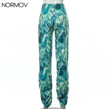 NORMOV Plaša Kāju Bikses Sieviešu Modes Ripple Drukāt Y2K Brīvs Bikses ar Augstu Vidukli Gadījuma Tie Krāsošanas Ruched Taisnas Bikses Streetwear