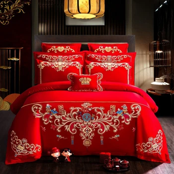 Sarkana Ķīniešu Stila Kāzu Izšuvumi Sega sedz palagu komplekts Kokvilnas Cietā Princese Gultas Komplekts Luksusa Romantiskas Meitenes Gulta vāciņu