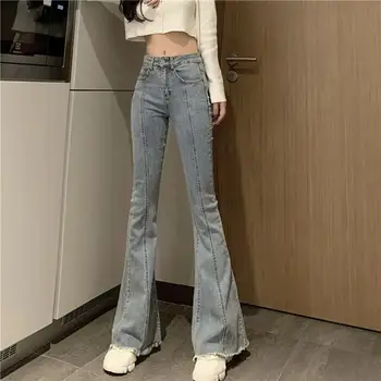 Sieviete Džinsi Ar Augstu Jostas Drēbes Uzliesmojuši Bikses Baggy Zilā Streetwear Vintage Pilna Garuma Apģērbs Bikses Harajuku Taisnas Bikses
