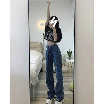 Streetwear Korejas Modes Džinsi Sieviete Augsta Vidukļa Y2k Taisni Baggy Bikses Karstā Meitene Drukāšanas Kāju Platās Bikses Gadījuma Džinsa Bikses