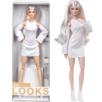 Sākotnējā Barbie Paraksts Izskatās Blonda Lelle Pilnībā Posable Modes Lelle Valkā Baltu Kleitu Lelle, Rotaļlietas Meitenēm lieliska dāvana GXB28