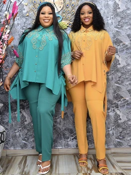 Vizuļi Tracksuit Sievietes Divas Gabals, kas Vasaras Rudens Drēbes Plats Piedurknēm Blūze Tops un Bikses Uzvalki Āfrikas Stils Sievietēm Komplekti