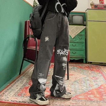 WeiYao Gothic Baggy Džinsi Sievietēm Punk Hipiju Streetwear Drukāt Y2K Plaša Kāju Bikses Harajuku Grunge Džinsa Bikses Vintage 90s
