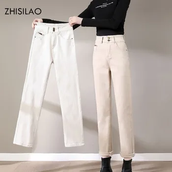 ZHISILAO Elastīga, Augsta Vidukļa Taisni Džinsi Sieviešu Modes Vintage Bēša Džinsa Bikses, Džinsi Plus Lieluma Gadījuma Streetwear Džinsi ir 2021.